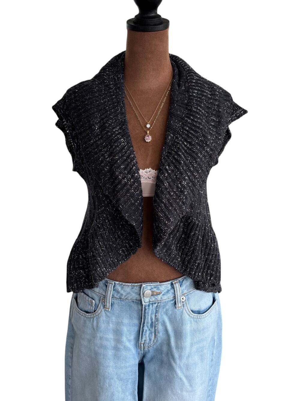 2000s Cato Gray Metallic Shimmer Ruffle Cardigan Cotton Flutter Sleeve Y2K Small